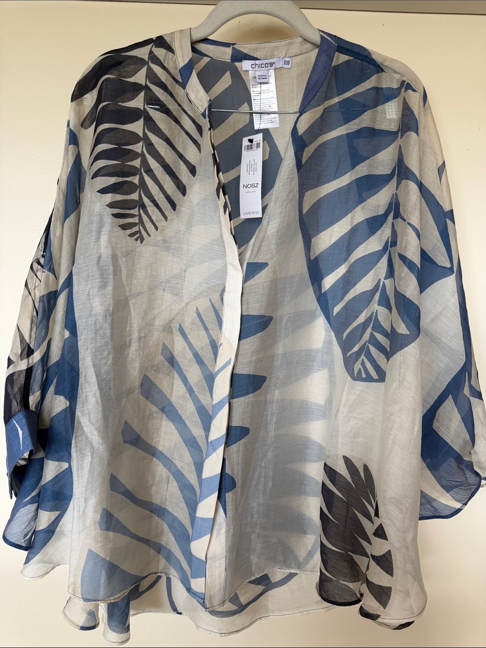 Chico's Sheer Leaf-Print Open Tunic in Blue, Cream and Black